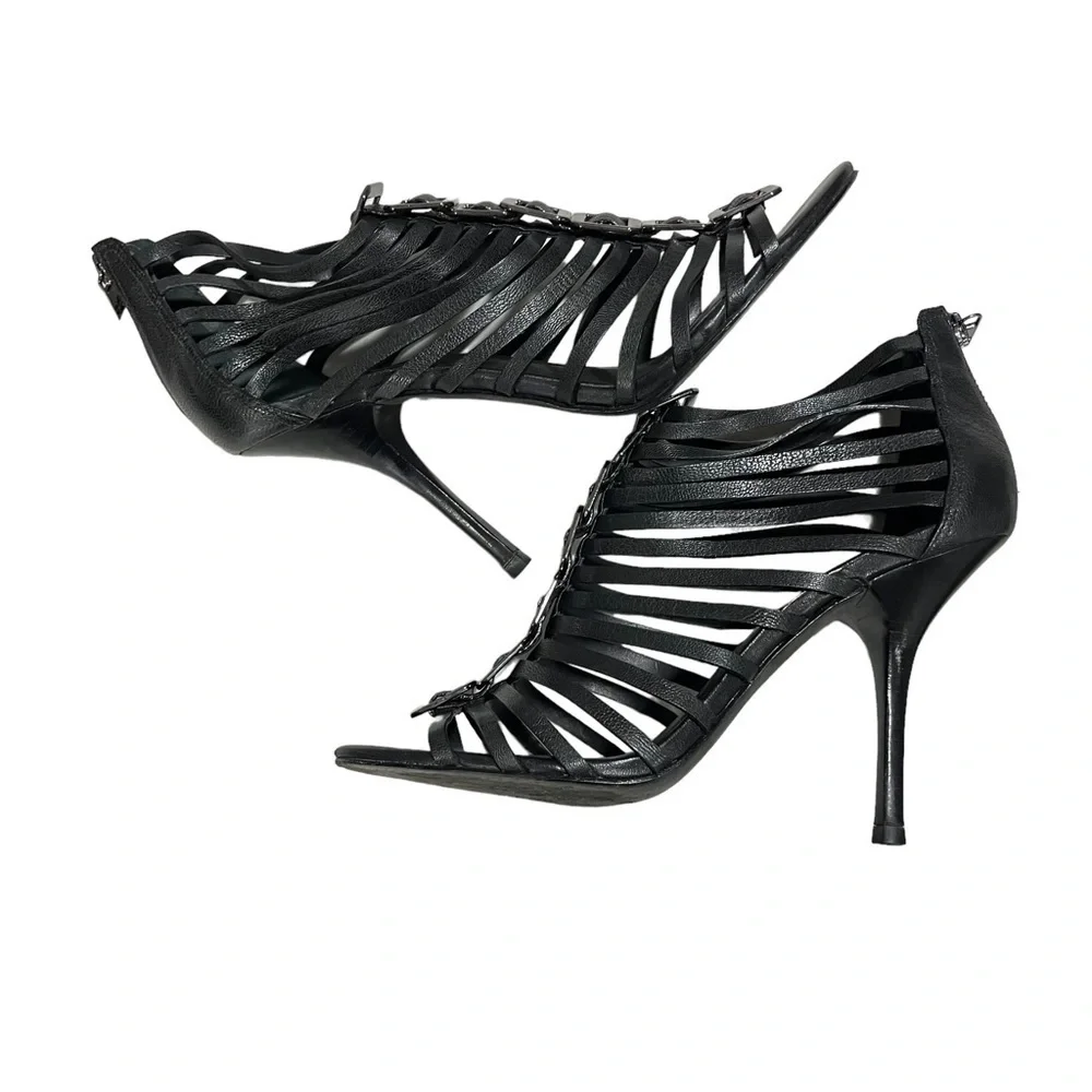 Tory Burch Cuba Caged Black Leather Heels Size 9.5 4” Stiletto Heels - Picture 6 of 9